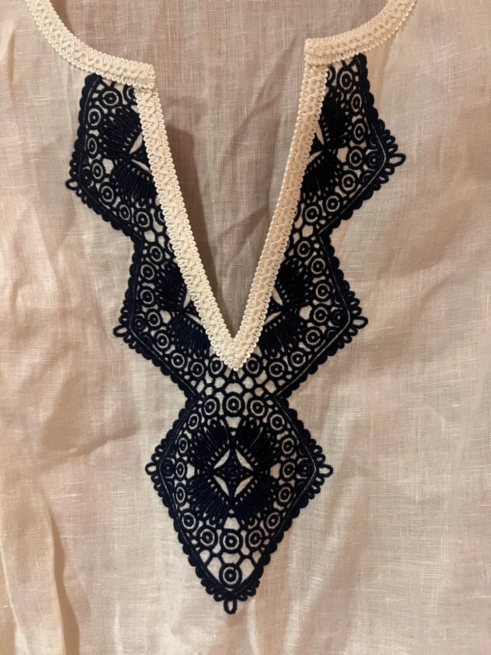 Tory Burch Margarita‎ Cream Linen Tunic Cover-Up Navy Blue Embroidery Size XS